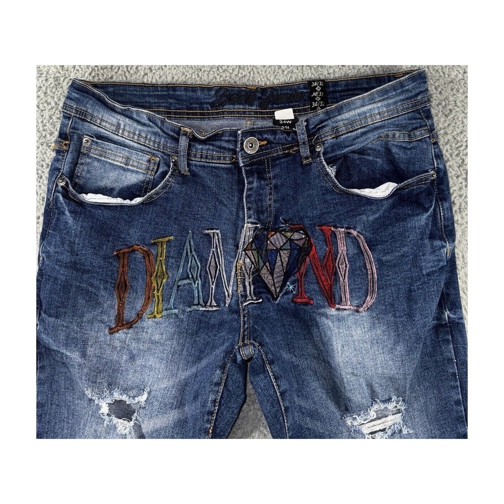 Y2K Streetwear Jeans Men 34x32 Embroidered Grunge Gorpcore Embroidered Fit 33x30